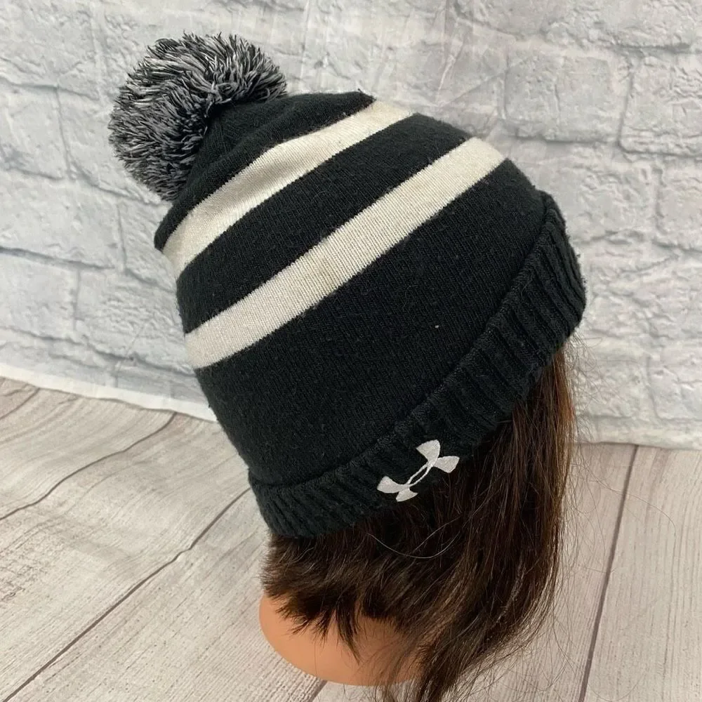 Under Armour youth OS B&W stripe cuff beanie w/pom Pom & Cardinal logo